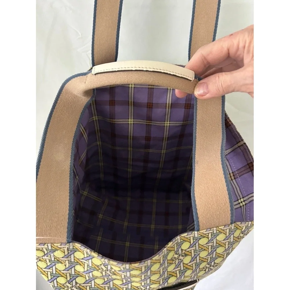 Tory Burch Ella Basketweave Tote Bag Yellow Blue Plaid Lining Canvas Leather Log
